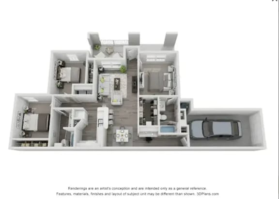 A 3D floor plan of a house with a kitchen, living room, and two bedrooms.