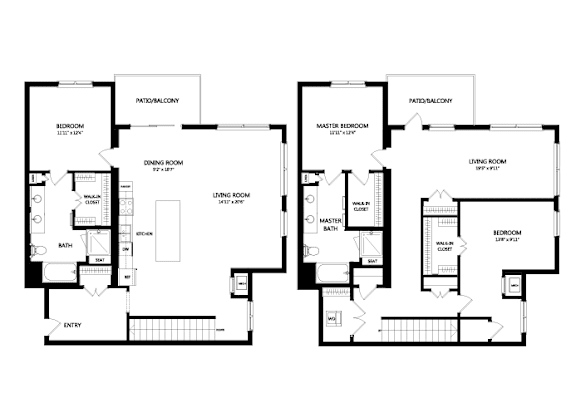 A black and white floor plan of a house with two master bedrooms.