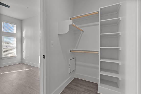 A white closet with shelves and a window.