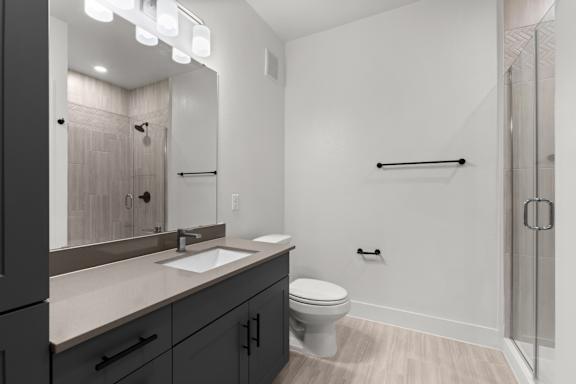 A bathroom with a toilet, sink, and mirror.
