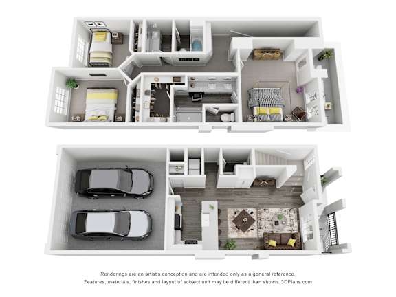 A 3D floor plan of a house with two bedrooms, a living room, a kitchen, a dining room, and a garage.