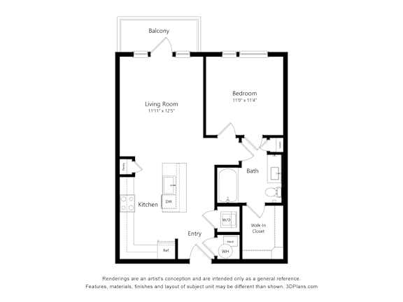 A floor plan of a small apartment with a living room, bedroom, kitchen, and bathroom.