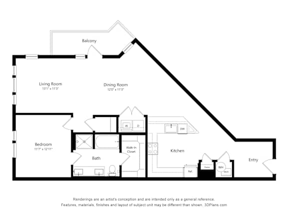 A black and white drawing of a house with a living room, dining room, kitchen, and bath.