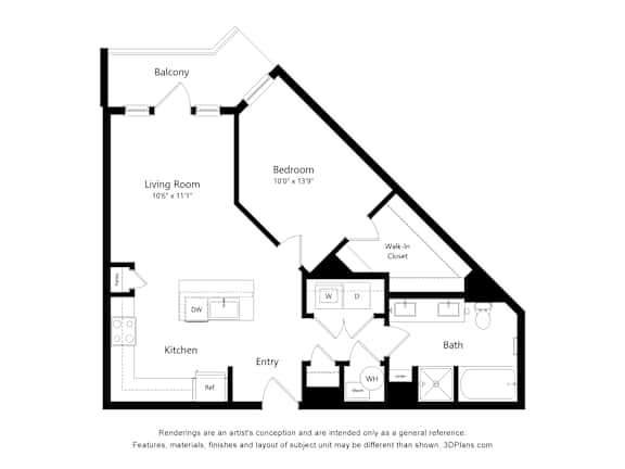 A black and white drawing of a house layout with a living room, kitchen, bath, and bedroom.