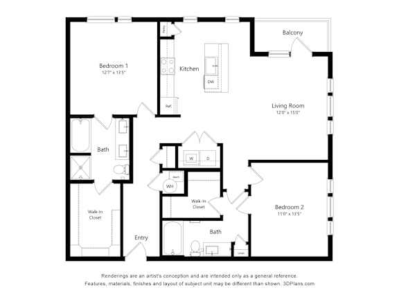 A floor plan of a house with two bedrooms, a living room, a bathroom, and an entry.