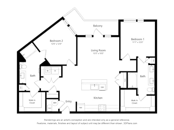 A black and white floor plan of a two bedroom apartment.