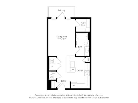 A floor plan of a small apartment with a living area, kitchen, bath, and entry.