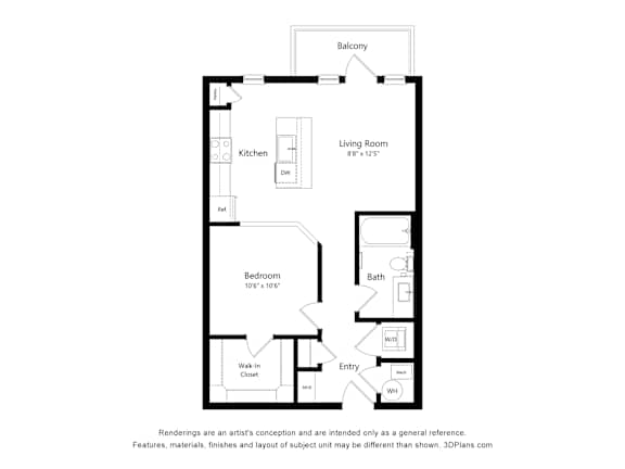 A floor plan of a house with a living room, kitchen, bedroom, bathroom and entry way.