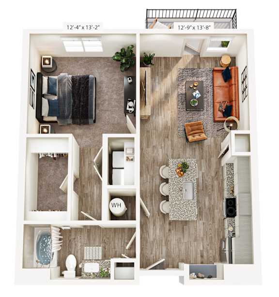 A floor plan of a two-bedroom apartment with a living room, kitchen, and bathroom.