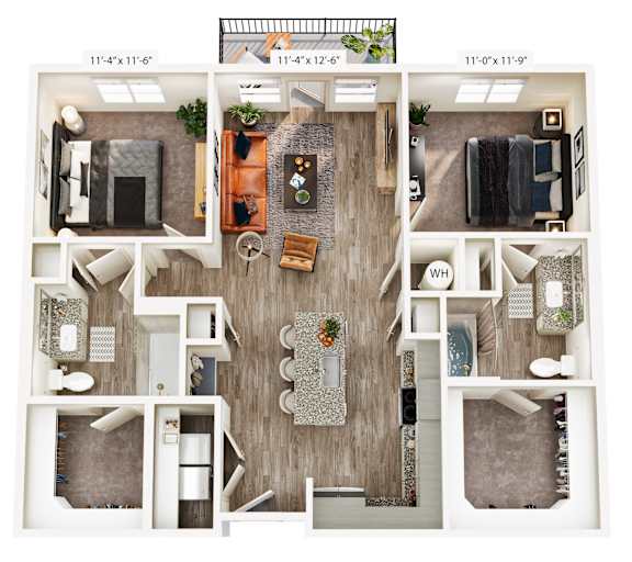 A top-down view of a house layout with a living room, kitchen, and two bedrooms.