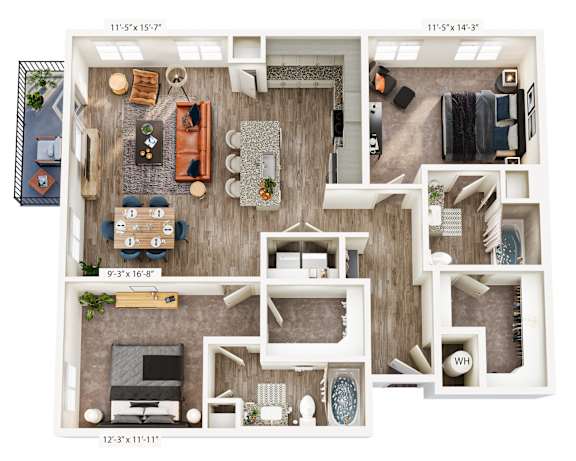 A floor plan of a house with a living room, kitchen, and two bedrooms.