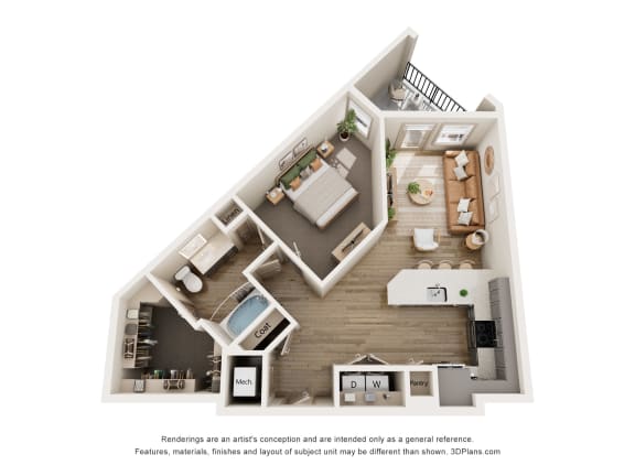 a stylized floor plan of a 1 bedroom apartment