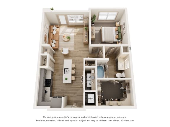 a stylized view of a 1 bedroom floor plan with a bathroom and a balcony