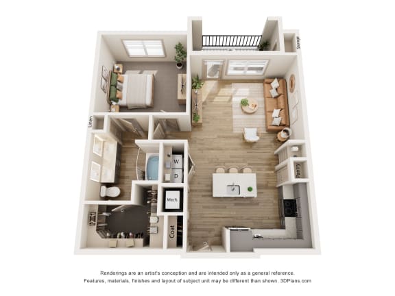 a stylized 3d floor plan with a bedroom and living room