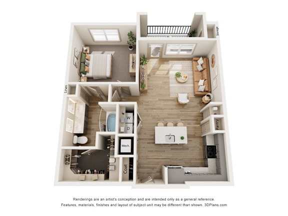 A 3D floor plan of a house with labeled rooms.