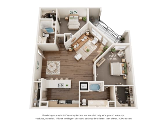 a stylized 3d floor plan with a bedroom and a living room