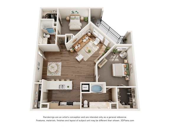 A 3D floor plan of a house with a kitchen, living room, and bathroom.