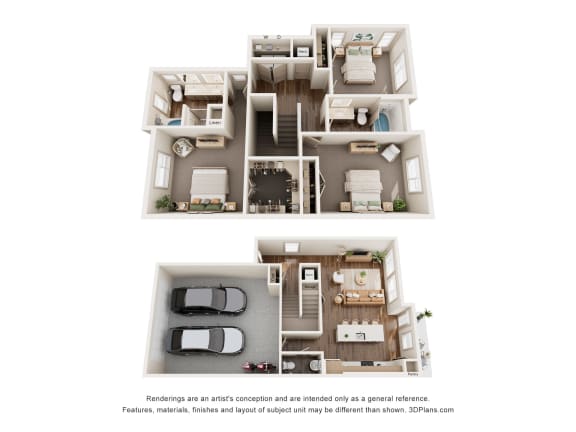 a stylized 3d floor plan of a 3 bedroom apartment