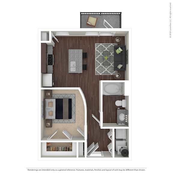 A floor plan of a small apartment with a kitchen, living room, and bathroom.