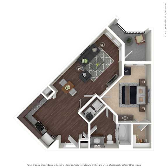 A 3D floor plan of a house with a kitchen, living room, and bathroom.