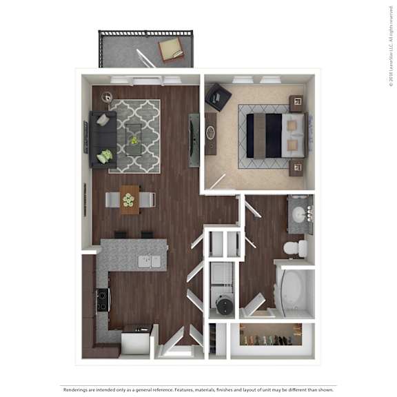 A floor plan of a small apartment with a kitchen, living room, and bathroom.