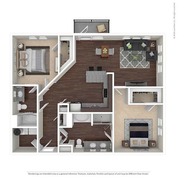 A floor plan of a two-bedroom apartment with a living room, kitchen, and bathroom.