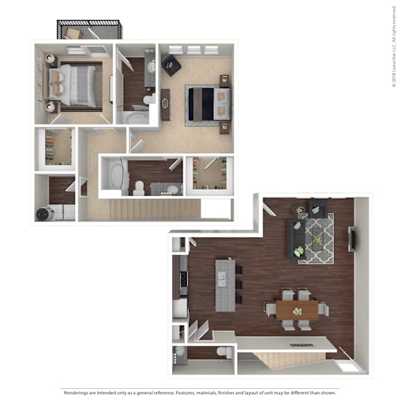 A floor plan of a two-story apartment with a living room, dining room, kitchen, and bedrooms.
