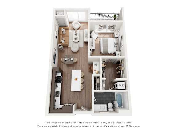 A 3D floor plan of a small apartment with a kitchen, living room, and bathroom.