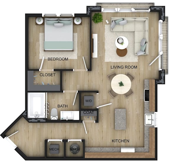 A floor plan of a small apartment with a bedroom, living room, kitchen, bathroom, and closet.