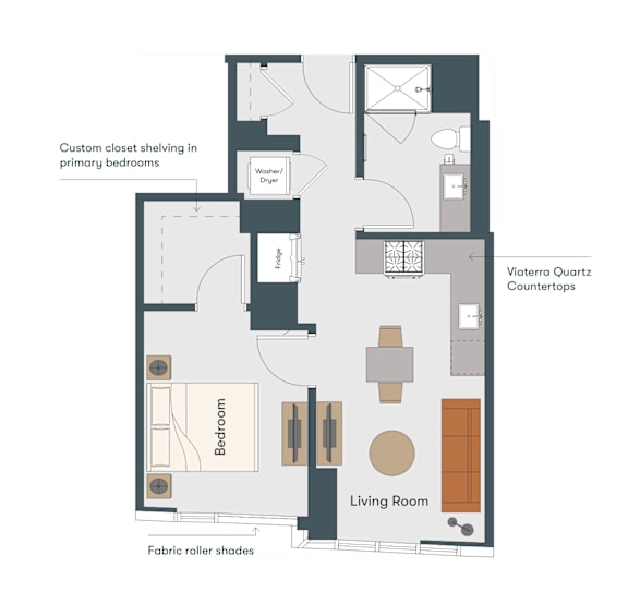 A diagram of a house layout with a living room, bedroom, and countertops.