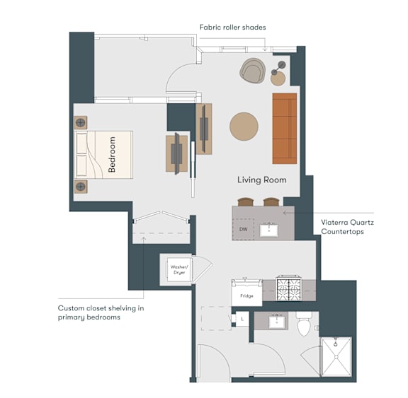 A diagram of a house layout with a bedroom, living room, and kitchen.
