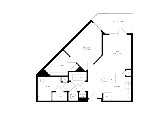 A black and white floor plan of a house with a bedroom, bathroom, living room, kitchen, and two closets.