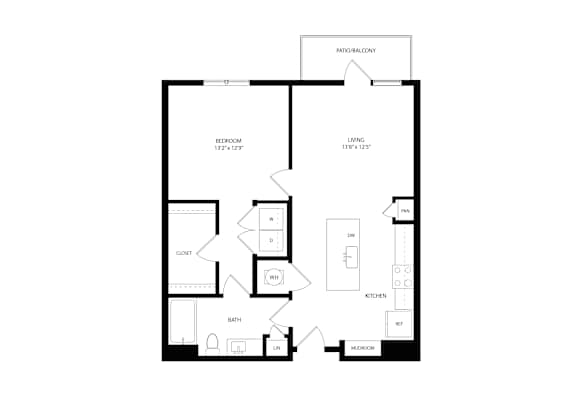 A floor plan of a house with a living room, kitchen, bathroom, and two bedrooms.