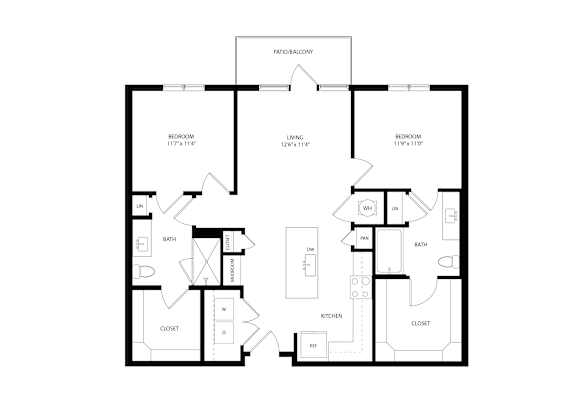 A black and white floor plan of a house with two bedrooms, a living room, a bathroom, a kitchen, a dining room, a study, and two closets.