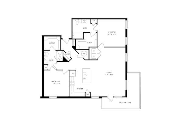 A floor plan of a house with a bedroom, bathroom, living room, and kitchen.