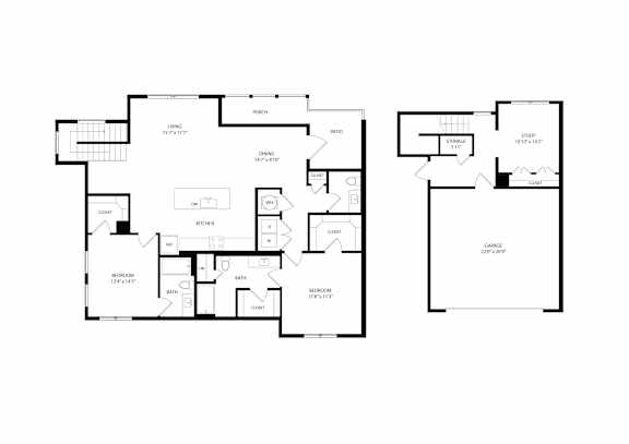 A floor plan of a house with two bedrooms, a living room, a kitchen, and a bathroom.