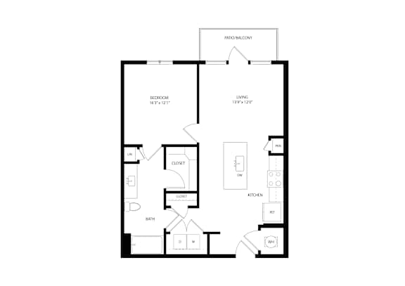 A floor plan of a house with a bedroom, living room, kitchen, and bathroom.