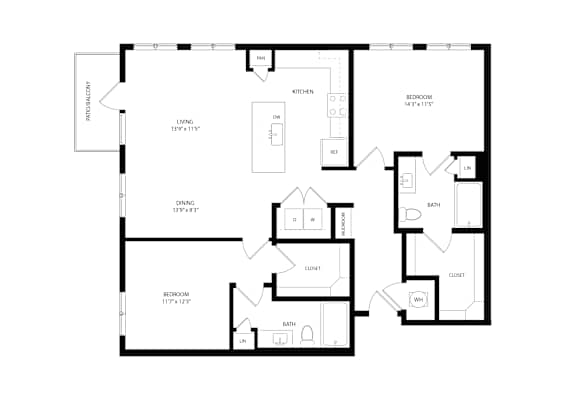 A black and white floor plan of a house with a kitchen, living room, dining room, and two bedrooms.