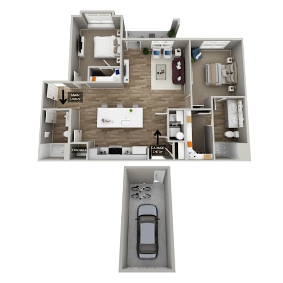 A floor plan of an apartment with a garage for a car.