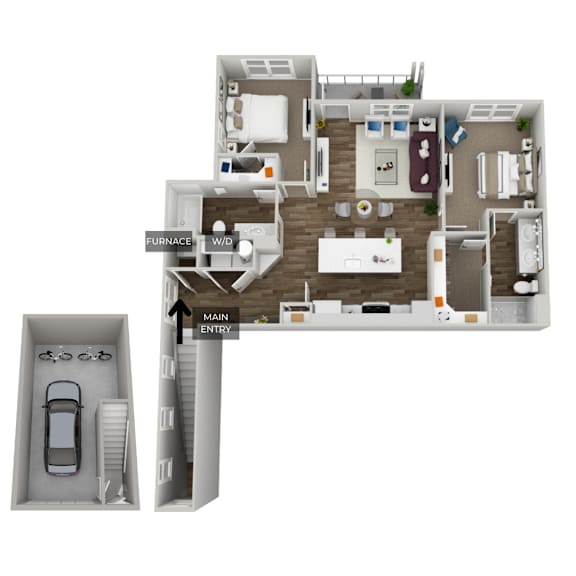A floor plan of a house with a garage and a main entry.