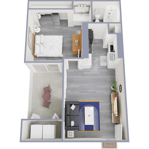 A 3D floor plan of a small apartment with a bedroom, living room, kitchen, and bathroom.