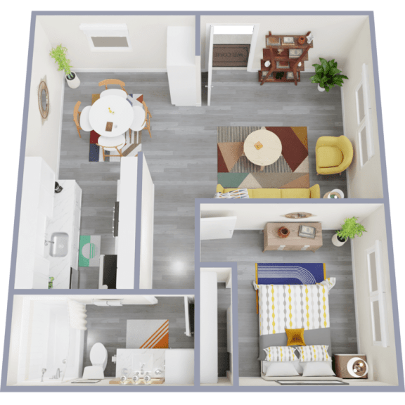a 3d rendering of our 1 bedroom apartment at princeton court apartments in dallas