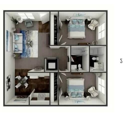 A dollhouse with a white frame and a brown floor.