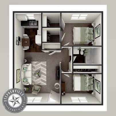 A floor plan of a small apartment with a kitchen, living room, and bathroom.