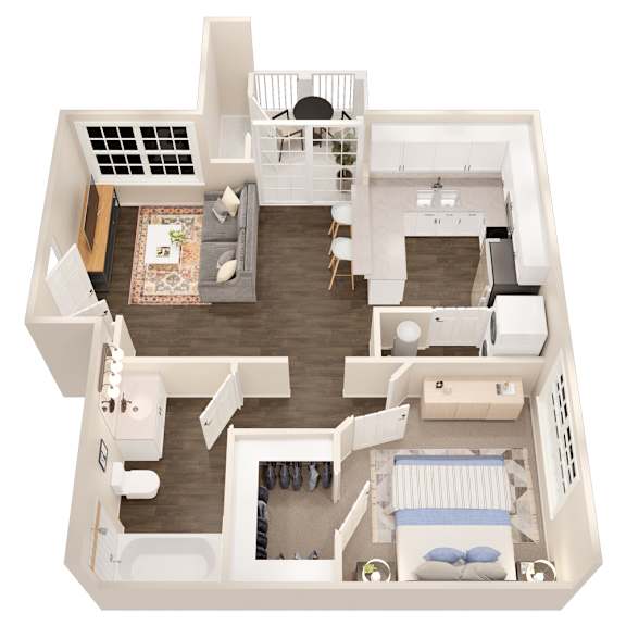 A top down view of a small apartment with a kitchen, living room, and bedroom.