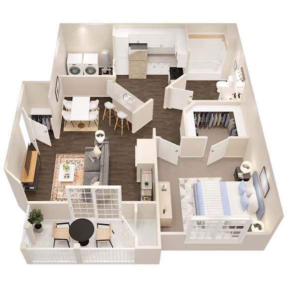 A top down view of a small apartment with a kitchen, living room, and bedroom.