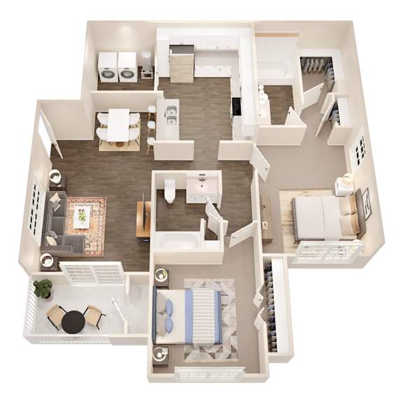A top-down view of a house interior with a kitchen, living room, and bedrooms.