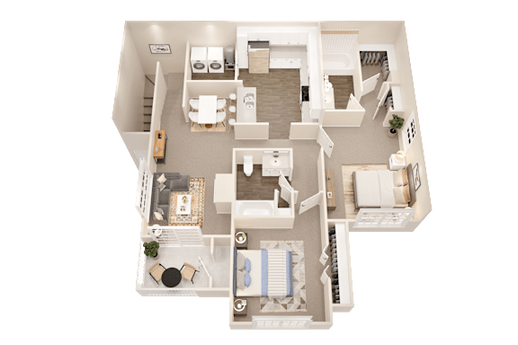 A 3D floor plan of a house with a kitchen, living room, and bedrooms.