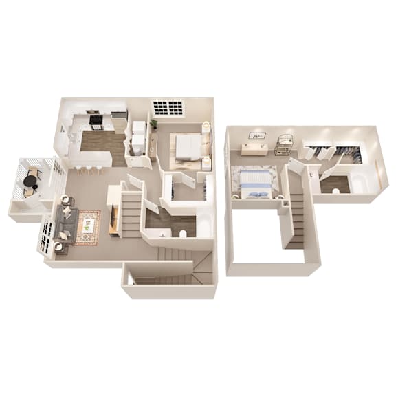 A 3D floor plan of a house with a kitchen, living room, and bedrooms.
