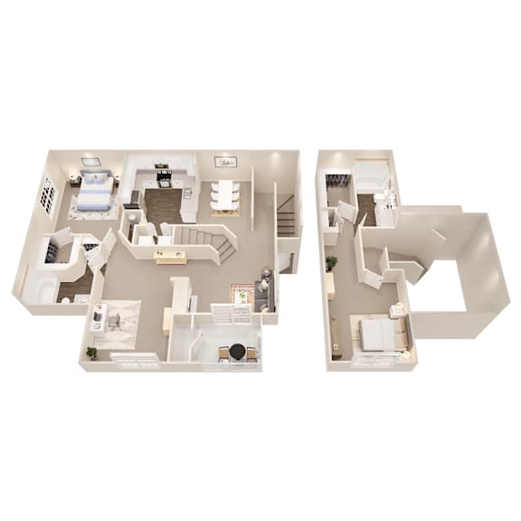 A 3D floor plan of a house with two bedrooms, a living room, a kitchen, and a bathroom.
